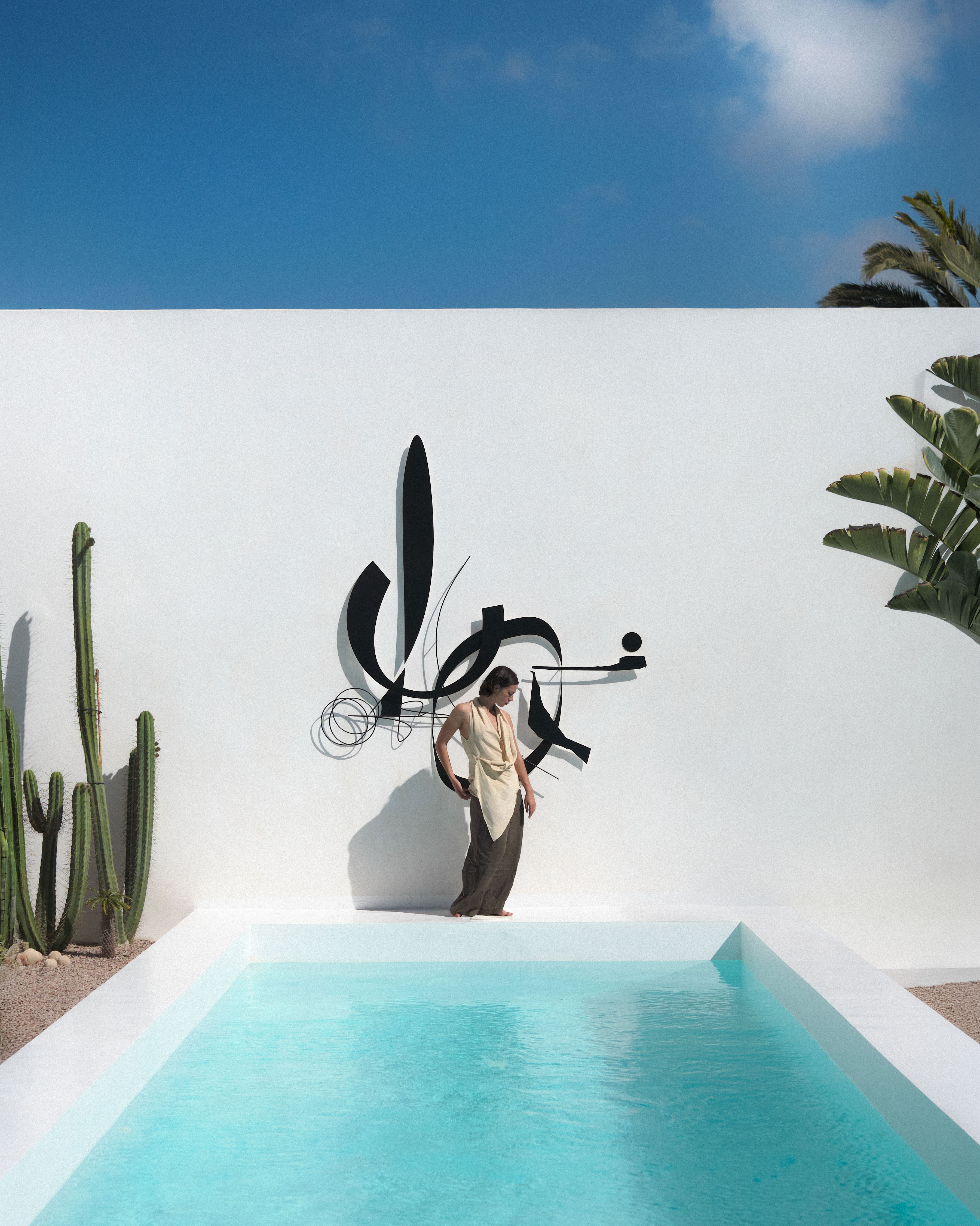 Vista del patio de Casa Montelongo con piscina y una obra de arte